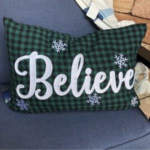 Retreat green black plaid “Believe” Holiday pillow NWT